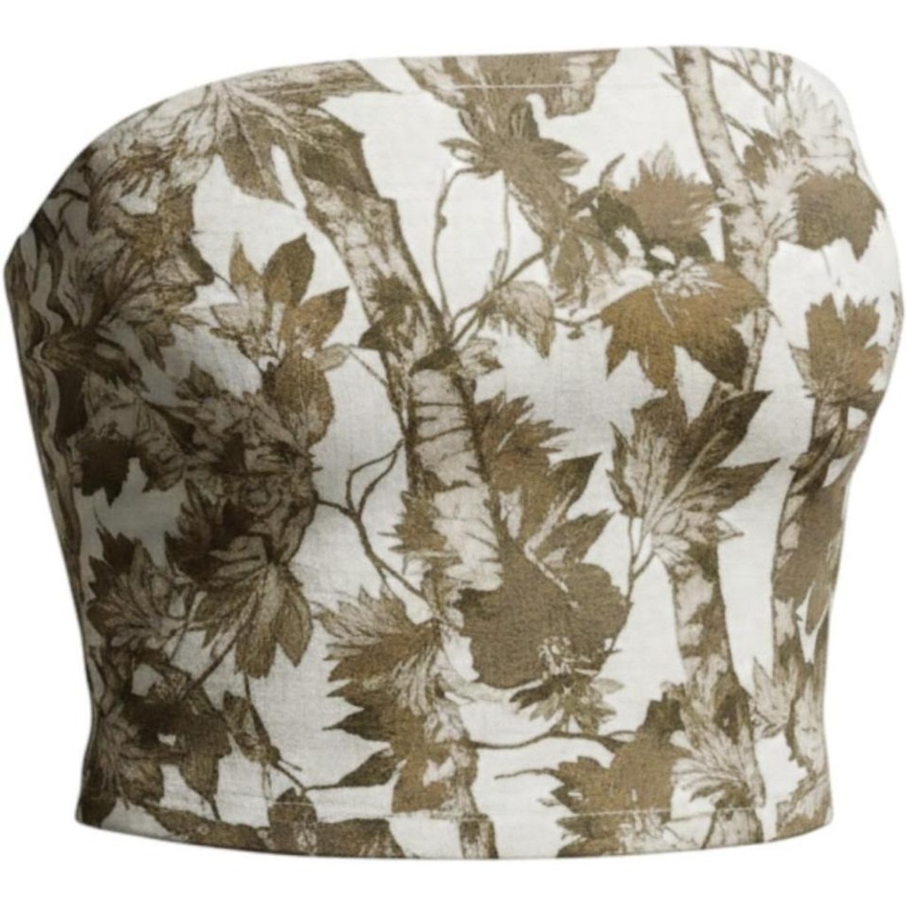 Better Together Women Brown Cream Forest Leaf Print Tube Top Crop Strapless L